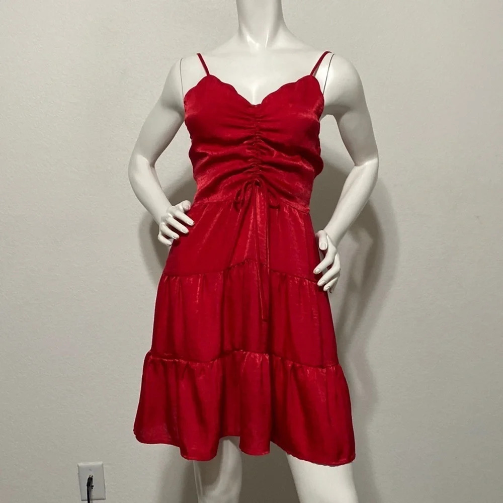 Monteau NEW Red Satin Strapless Tiered Ruched Mini Dress Size S